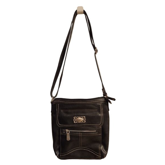 BOC B O C Black Purse Adjustable Crossbody Bag Many Pockets Pewter Emblem Clean - Picture 1 of 7